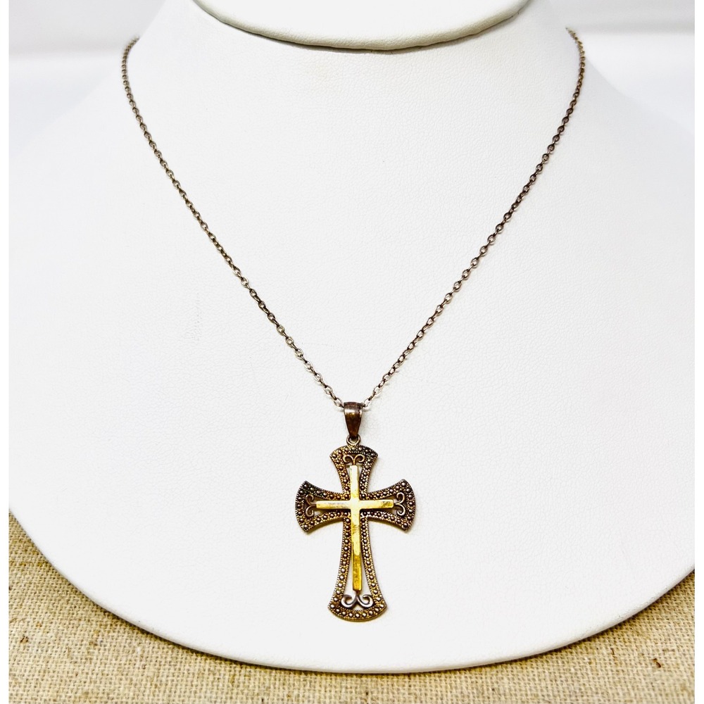 10K Gold & Sterling Silver Ornate Cross Pendant Necklace
